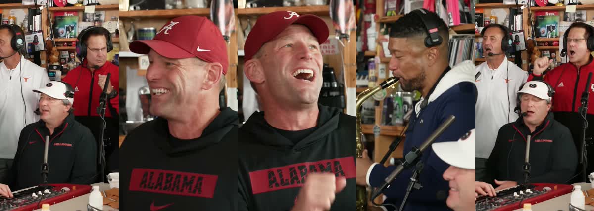 Cinco fotogramas de la parodia de los entrenadores: banda, cantante riéndose y saxofonista